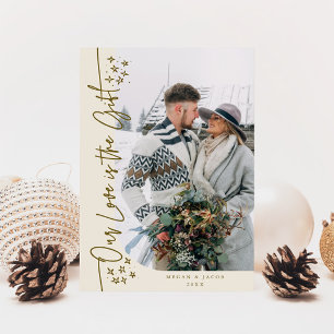 Cartão De Festividades Nosso Amor Deu Natal Recém-casado Creme Fotográfic