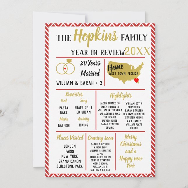 Cartão De Festividades nosso ano de revisão, evento familiar, Natal Red H (Frente)