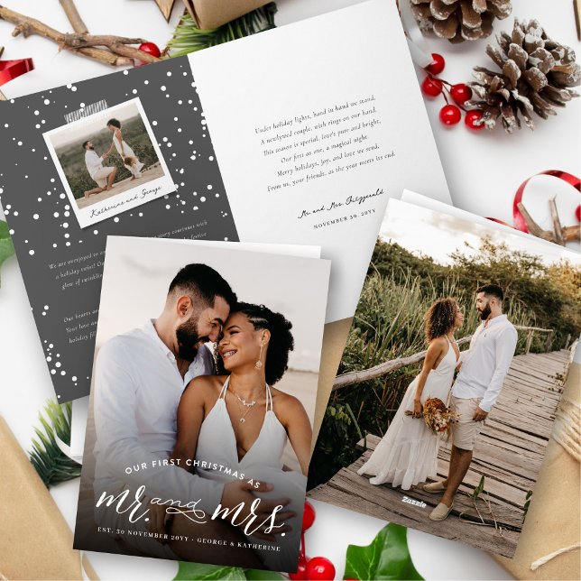 Cartão De Festividades Nosso Primeiro Natal Como Senhor e Senhora Foto Ca (Our First Christmas As Mr And Mrs Modern Typography Holiday Wedding Photo Folded Card by fat*fa*tin)