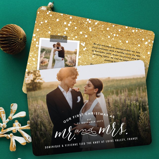 Cartão De Festividades Nosso Primeiro Natal Como Sr. E Sra. Foto Casada (Our First Christmas As Mr And Mrs Modern Typography - Holiday Wedding Photo Card by fat*fa*tin)
