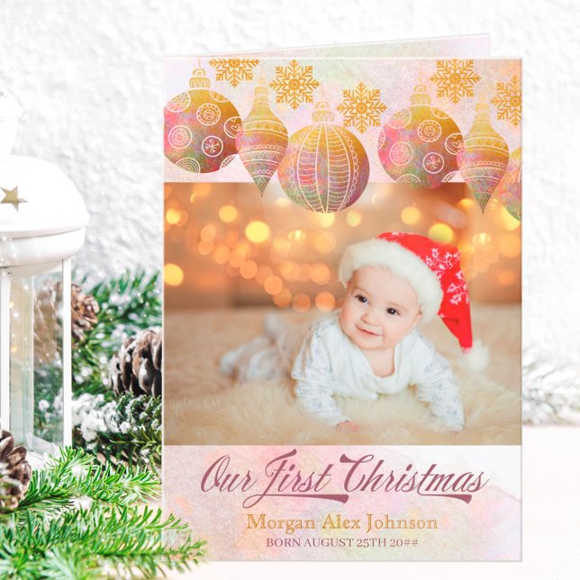 Cartão De Festividades Nosso Primeiro Natal Dourado Flocos de Neve 3 Foto (Our First Christmas with new baby holiday photo card)