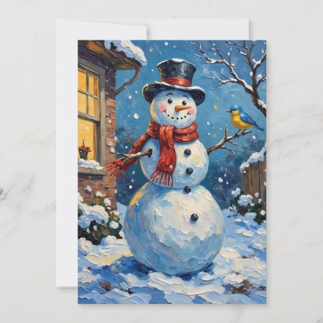 Cartão De Festividades Nostalgic Happy Snowman with Bluebird Winter Scene (Frente)