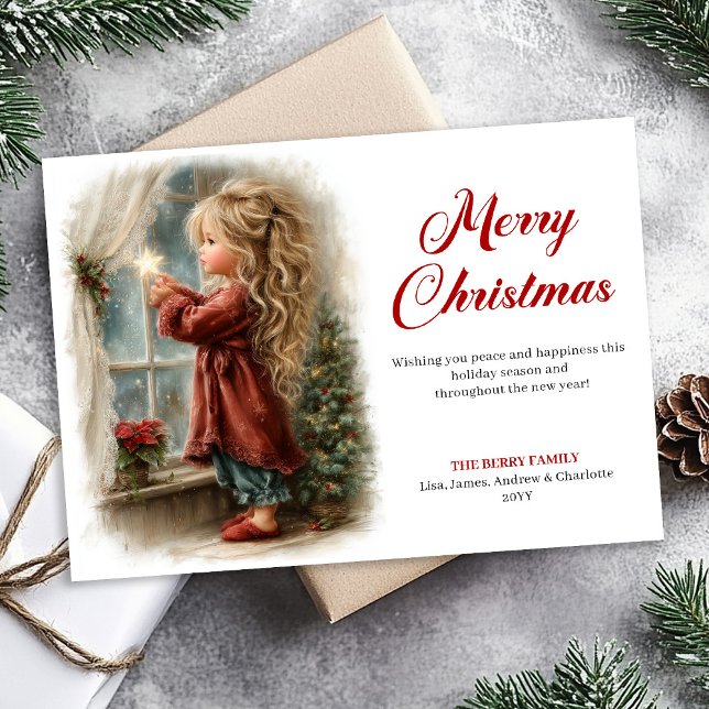 Cartão De Festividades Nostalgic little girl awaiting Santa download Xmas (Nostalgic little girl awaiting Santa download Xmas Holiday Card)