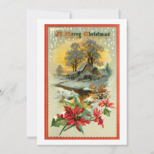Cartão De Festividades Nostalgic Vintage Cena de inverno e Holly de Natal