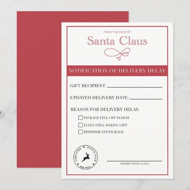 Cartão De Festividades Notificação de Atraso na Entrega do Papai Noel em  (Frente/Verso)