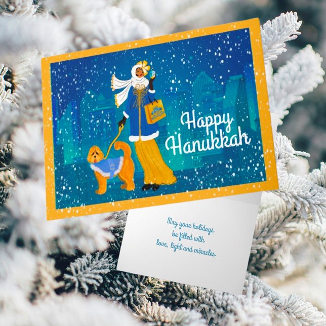 Cartão De Festividades Nouveau de Arte Personalizado com Cachorro de Dodl (A beautiful snowy night for Hanukkah shopping. I think her Doodle Dog approves!)