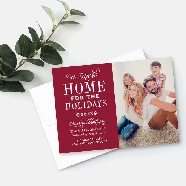 Cartão De Festividades Nova casa para a foto vermelha escura legante sobr (Criador carregado)