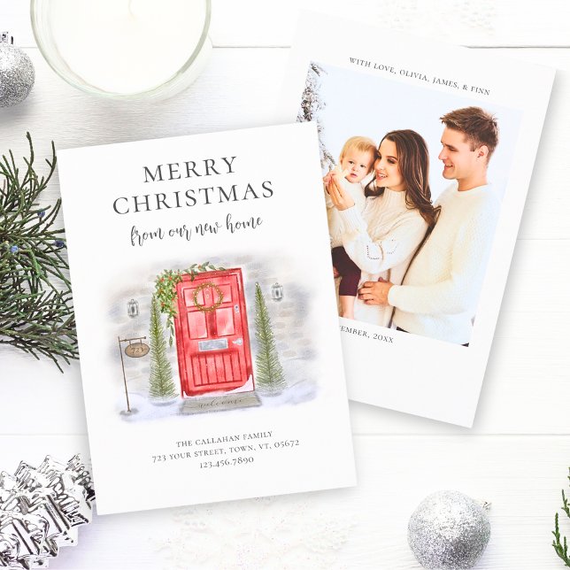 Cartão De Festividades Nova Casa Para as Férias de Natal Porta de Aquarel (Criador carregado)