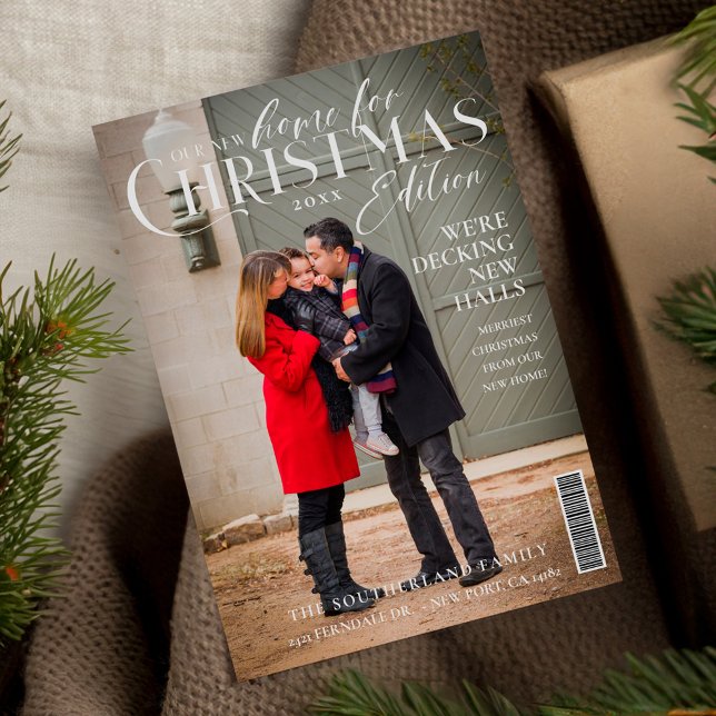 Cartão De Festividades Nova Casa Para O Cobrir Da Revista Fotográfica Da  (New Home For Christmas Family Photo Magazine Cover Holiday Card)
