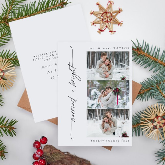 Cartão De Festividades Nova Foto de Natal casada e brilhante (Easily personalize this merry + bright holiday wedding announcement with your photos and details!)