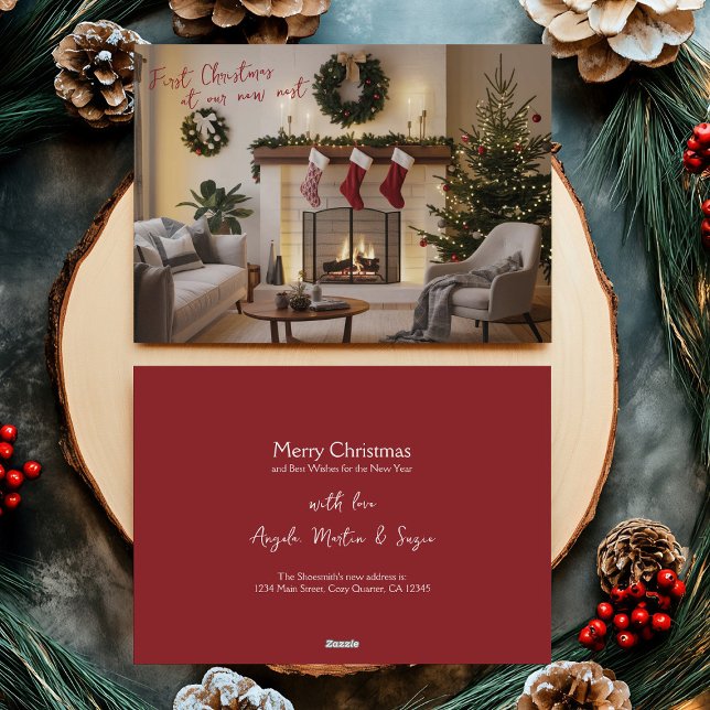 Cartão De Festividades Nova Foto do Primeiro Natal no Novo Ninho (Photo Christmas Card from New Home .. Holiday Moving Announcement Cards by Darling & May)