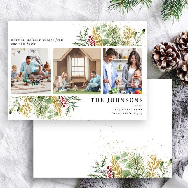 Cartão De Festividades Nova Terra Dourada Verde Botânica de inverno 3 Fot (Criador carregado)