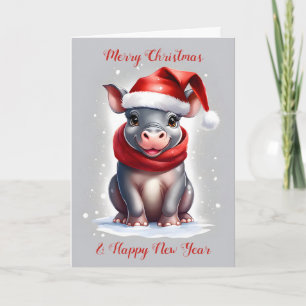 Cartão De Festividades Novo Ano Bonito Hippopotamus Santa Hat