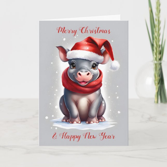 Cartão De Festividades Novo Ano Bonito Hippopotamus Santa Hat (Frente)