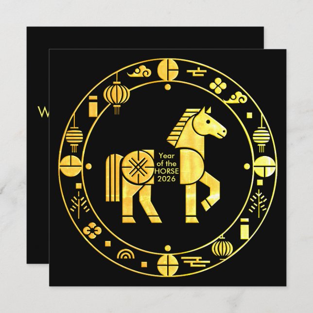 Cartão De Festividades Novo ano chinês Dourado 2026 (Frente/Verso)