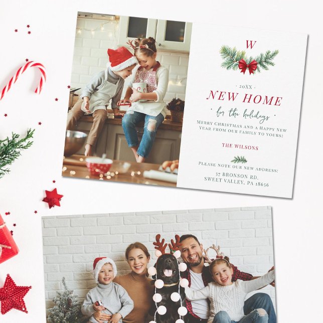 Cartão De Festividades Novo Monograma da Família Doméstica Moderna Elegan (new home address family holidays card two photos red green botanical spruce bow elegant modern chic)