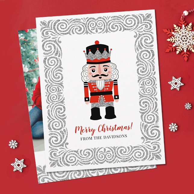 Cartão De Festividades Noz-cacker do Natal Vermelho Elegante (An elegant family Christmas card featuring a nutcracker on the front and your photo on the back.)