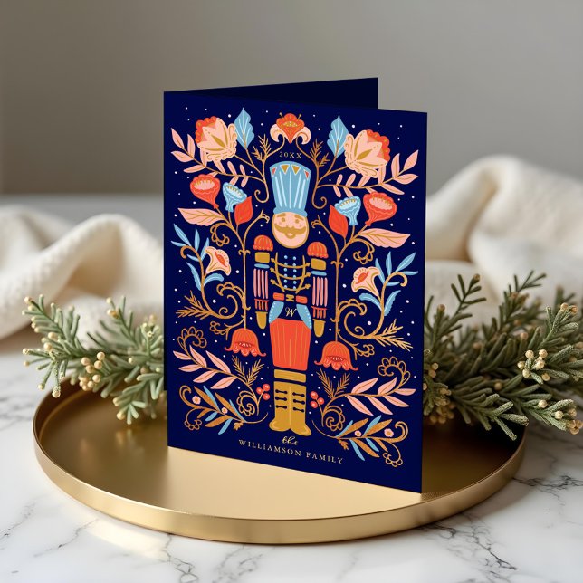 Cartão De Festividades Noz-cracker Floral Art Deep Blue (Christmas Nutcracker Floral Folk Art Deep Blue Holiday Card)