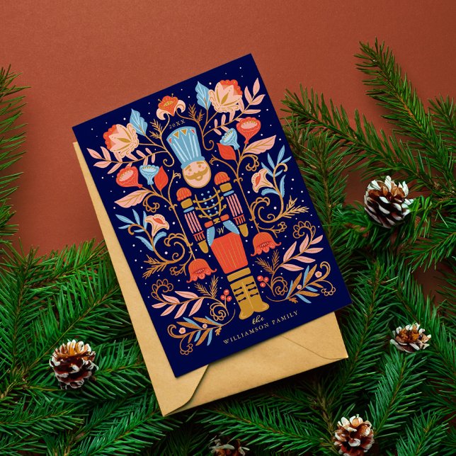 Cartão De Festividades Noz-cracker Floral Art Deep Blue (Christmas Nutcracker Floral Folk Art Deep Blue Holiday Card)