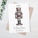 Cartão De Festividades Noz-cracker retro branco simples Natal<br><div class="desc">Fundo branco,  e um preguiçoso de cor rosa. Feliz Natal escrito com um roteiro de estilo manchado. Voltar: adicione sua nota e seus nomes.</div>