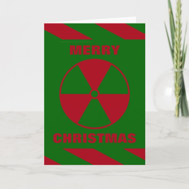 Cartão De Festividades Nuclear Radioativo Feliz Natal Vermelho e Verde (Frente)