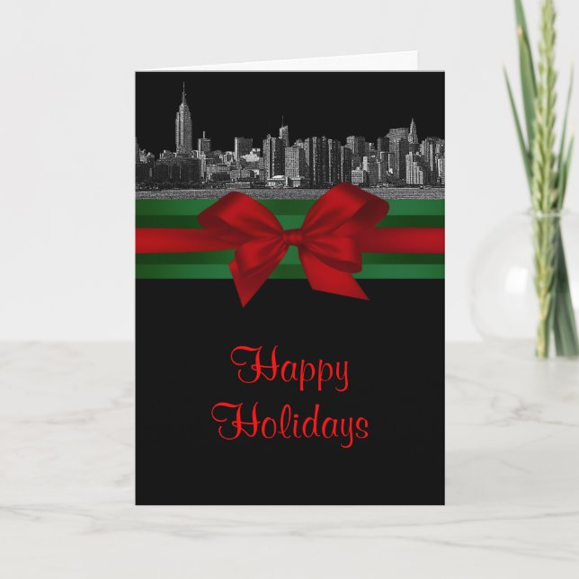 Cartão De Festividades NYC Wide Skyline Etched BW Christmas Holiday 2 (Frente)