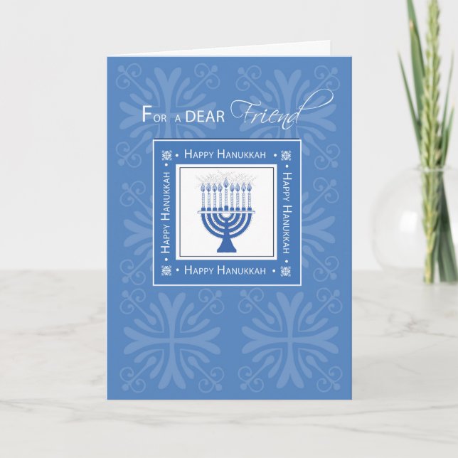 Cartão De Festividades O amigo Hanukkah deseja Menorah azul (Frente)