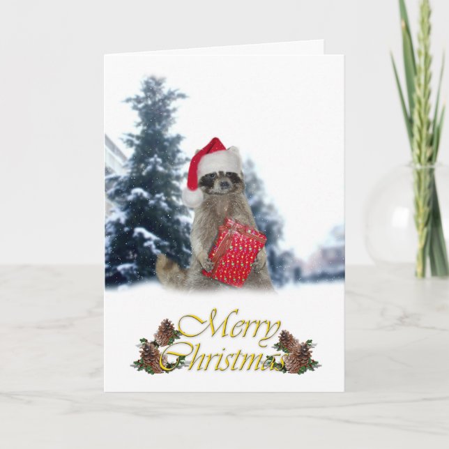 Cartão De Festividades O Bandit Raccoon de Natal com Presente (Frente)