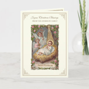 Cartão De Festividades O Bebê de Natal Jesus Angels Poinsettias