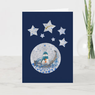 Cartão De Festividades O boneco de neve, estrelas azuis sparkly, ouro