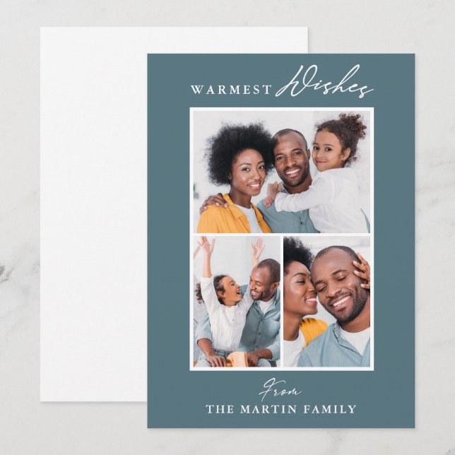 Cartão De Festividades O Mais Quente Deseja A Colagem Azul De Três Fotos (Frente/Verso)