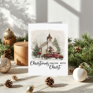 Cartão De Festividades O Natal Começa Com Cristo Aquarela Caminhão Vermel