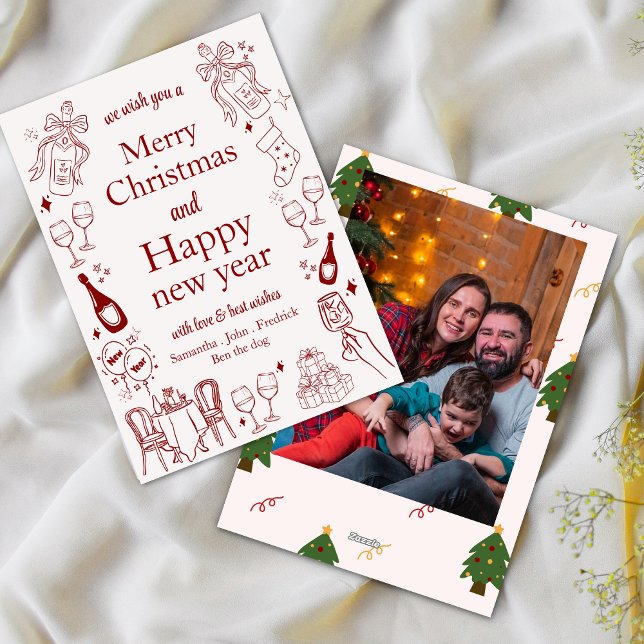 Cartão De Festividades O natal desenhado à mão e o ano novo deseja rabisc (Criador carregado)