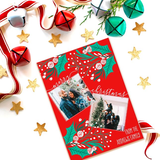 Cartão De Festividades O Natal Floral Deixa Foto de Natal Editável (Criador carregado)