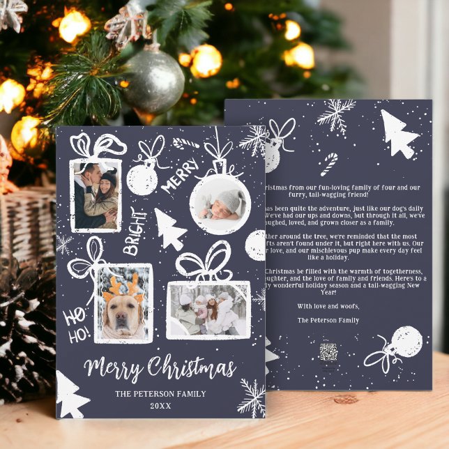 Cartão De Festividades O Natal moderno apresenta diversão azul 4 fotos (Modern merry Christmas presents blue fun 4 photos Holiday Card)