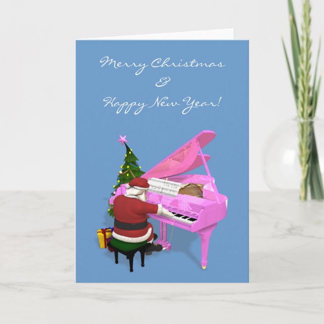 Cartão De Festividades O Papai Noel Joga Piano Rosa (Frente)