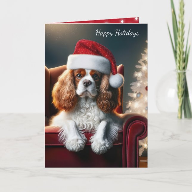 Cartão De Festividades O rei de Natal Charles Spaniel em uma cadeira verm (Frente)