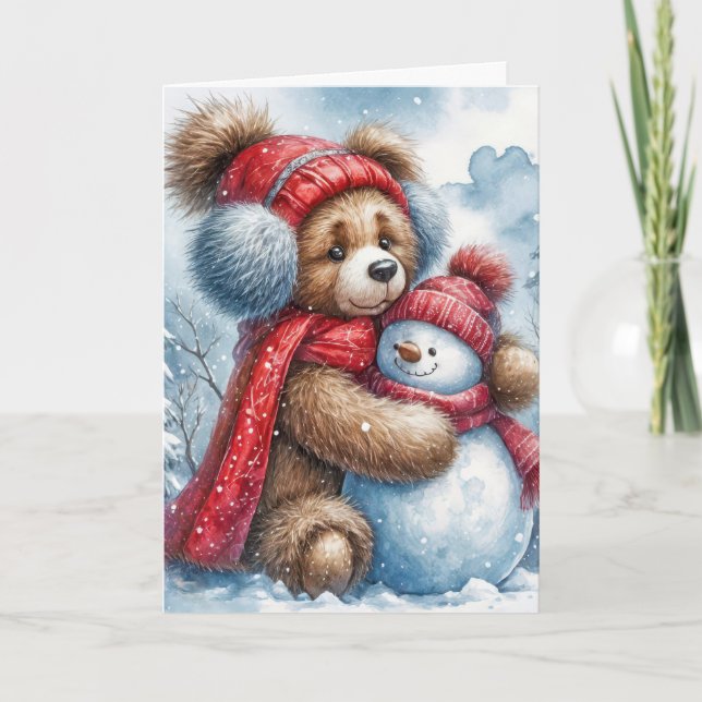 Cartão De Festividades O Urso de Teddy de Natal Abraçando um Neve (Frente)