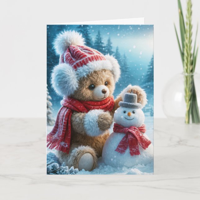 Cartão De Festividades O Urso de Teddy de Natal Construindo um Neve (Frente)