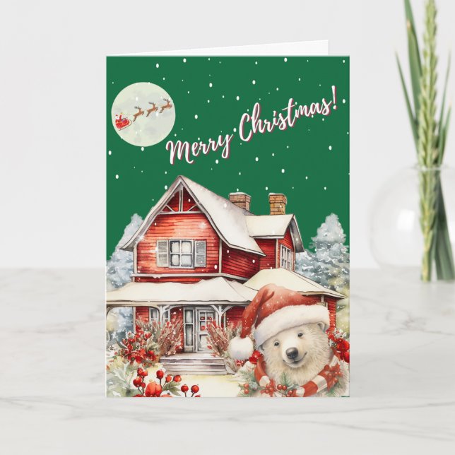 Cartão De Festividades "O Voo Noturno do Papai Noel" (Frente)