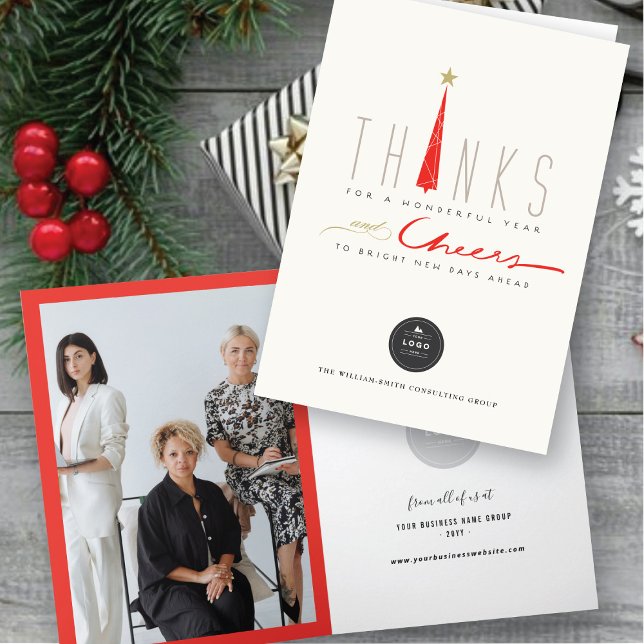 Cartão De Festividades Obrigados E Empresas De Árvore Alta (Thanks And Cheers Tall Tree Corporate Business Holiday Card @ fat*fa*tin)