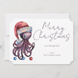 Cartão De Festividades Octopus Natal Aquarela vestindo um chapéu de Papai