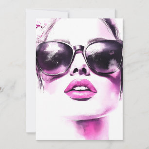 Cartão De Festividades Óculos de Sol Femininos de Moda em Aquarela Rosa C