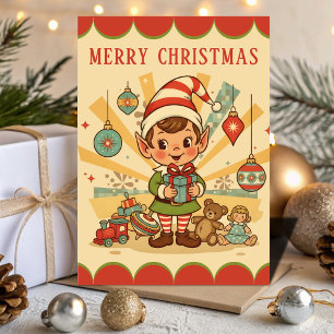 Cartão De Festividades Oficina de Elfo Retro Vintage Alegria de Natal