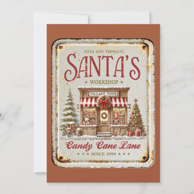 Cartão De Festividades Oficina de Papai Noel intensamente rústica Brinque (Frente)