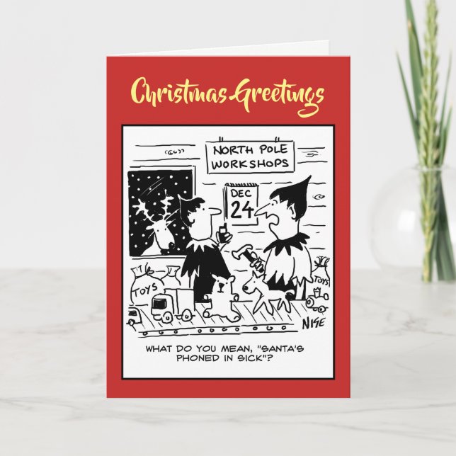 Cartão De Festividades Oficina Elves. Papais noeis em Doente. (Frente)