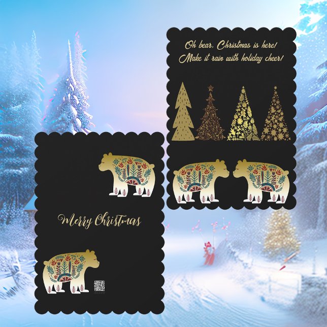 Cartão De Festividades Oh Bear Christmas está aqui Ouro pinheiro preto (Oh Bear Christmas is Here Golden Pines Black Cute Holiday Card)