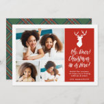 Cartão De Festividades Oh, Deer!  3 Photo | Green Plaid<br><div class="desc">This stylish holiday card features a white deer head silhouette over a red/orange background and the words, "Oh, Deer! Christmas is here!" Even though it sometimes seems like a crazy time, hopefully you'll set time aside to send out these fun holiday greetings to those you hold dear. The back of...</div>