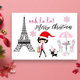 Cartão De Festividades Oh La Girl e Cat Paris Eiffel Torre Natal