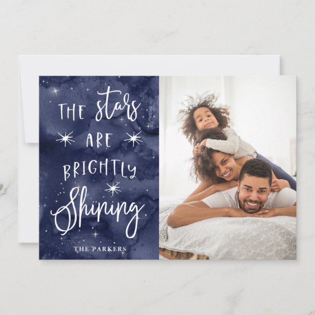 Cartão De Festividades Oh Noite Santa | Estrelas no Natal com sua Foto (Frente)